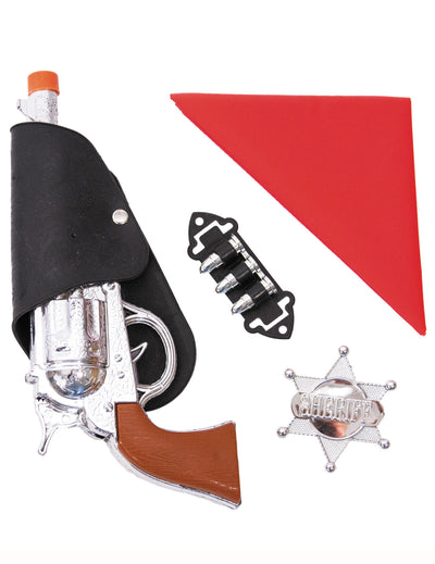 Set de cowboy far west pour enfant argenté et rouge en plastique avec holster et étoile de shérif