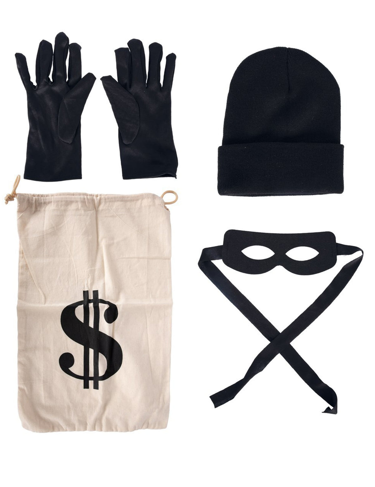 Détail des accessoires du set de déguisement cambrioleur pour adulte