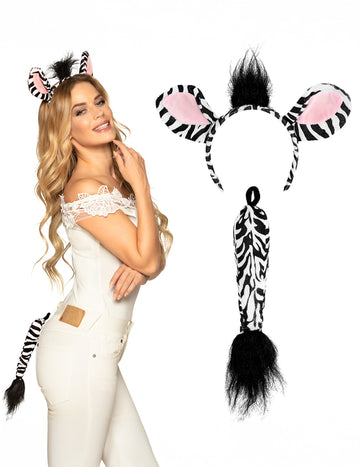 Ženski zebra kostum s črnimi in belimi črtami, vključuje naglavno trakov in rep