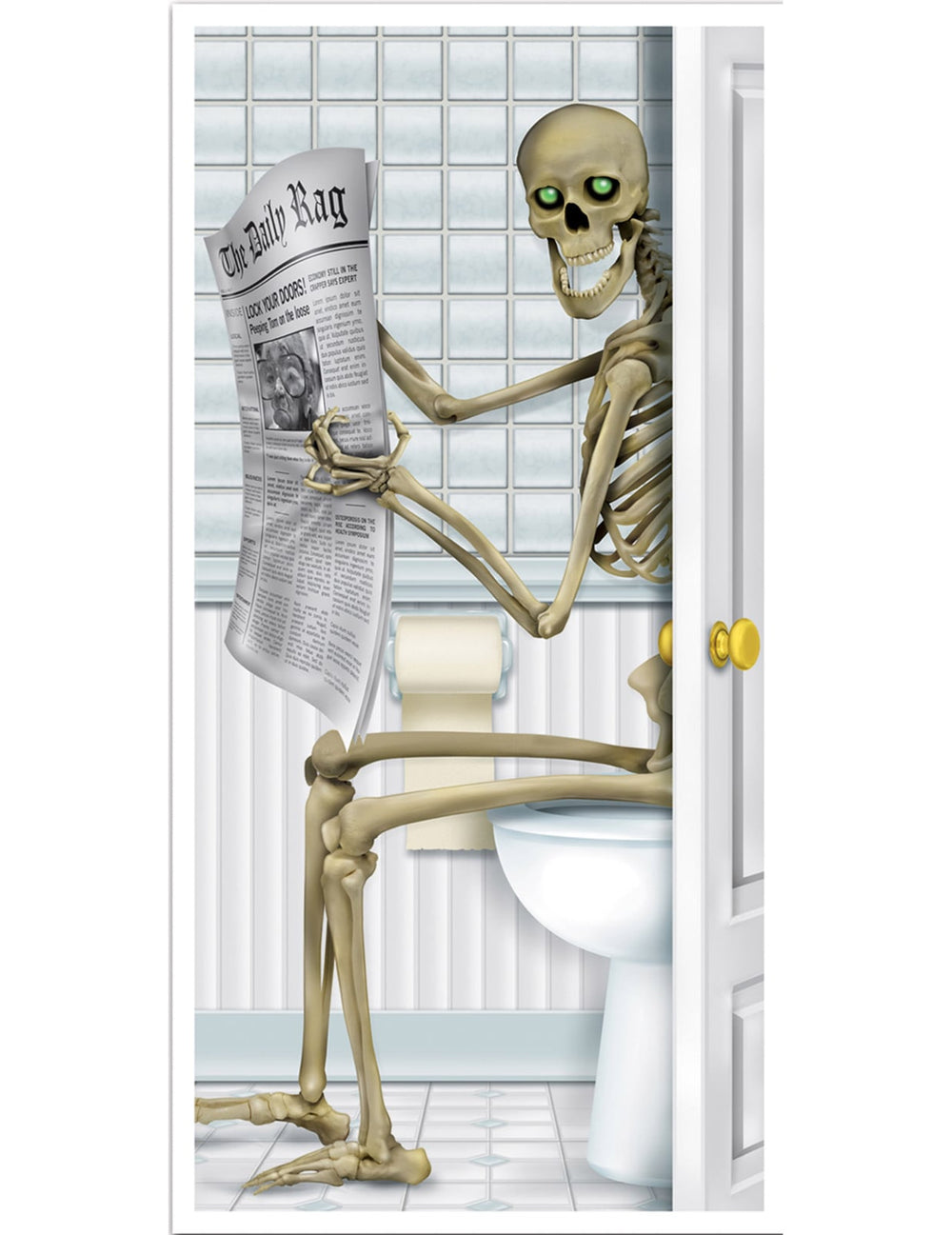 Décoration de porte squelette au toilette beige lisant un journal