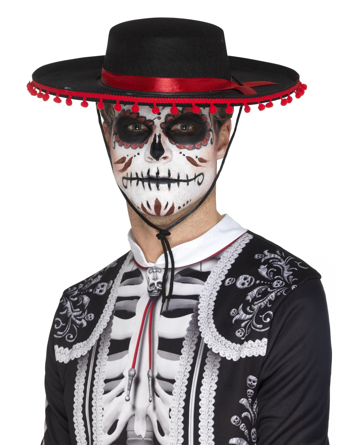 Sombrero Dia de los Muertos pour adulte noir avec ruban et pompons rouges