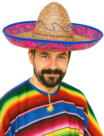 Sombrero Mexicain pour adulte bordure rose et bleue