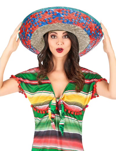 Sombrero mexicain pour adulte avec bordure rouge et bleu