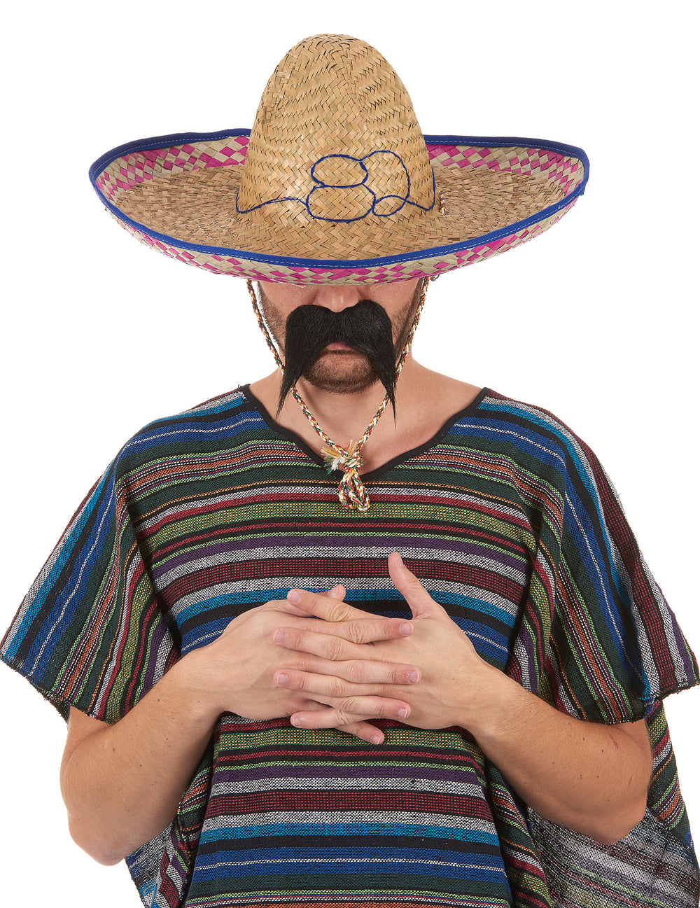Sombrero mexicain pour adulte en paille avec bordure bleue et rose