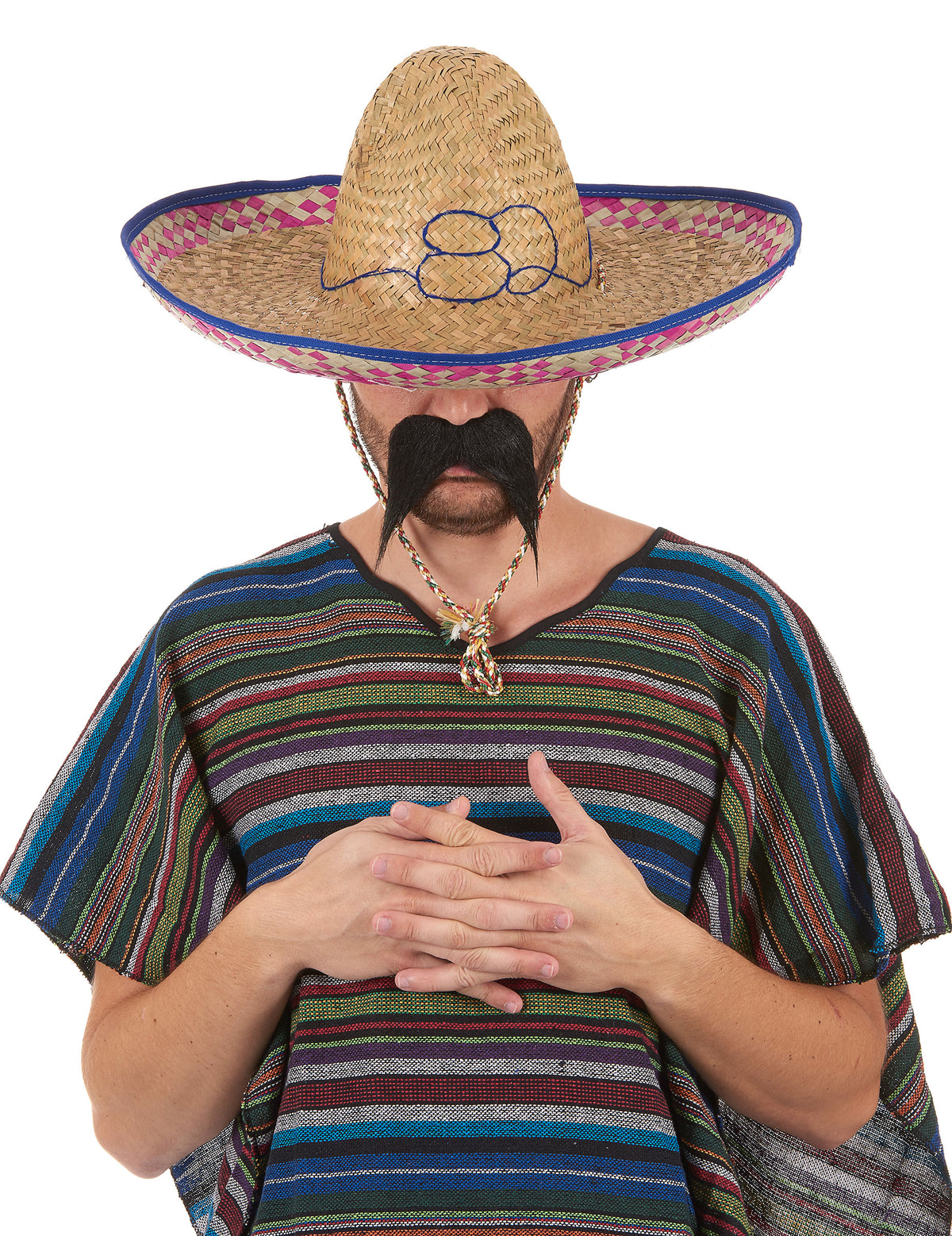 Sombrero mexicain pour adulte en paille avec bordure bleue et rose