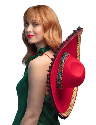 Sombrero mexicain pour adulte rouge à pompons deluxe avec liseré doré