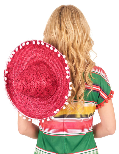 Rdeči sombrero z mejo pompoma za odrasle
