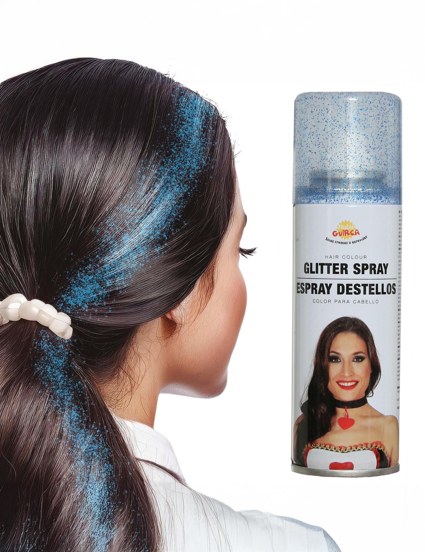 Rendu sur les cheveux du spray à paillettes pour cheveux bleu scintillant