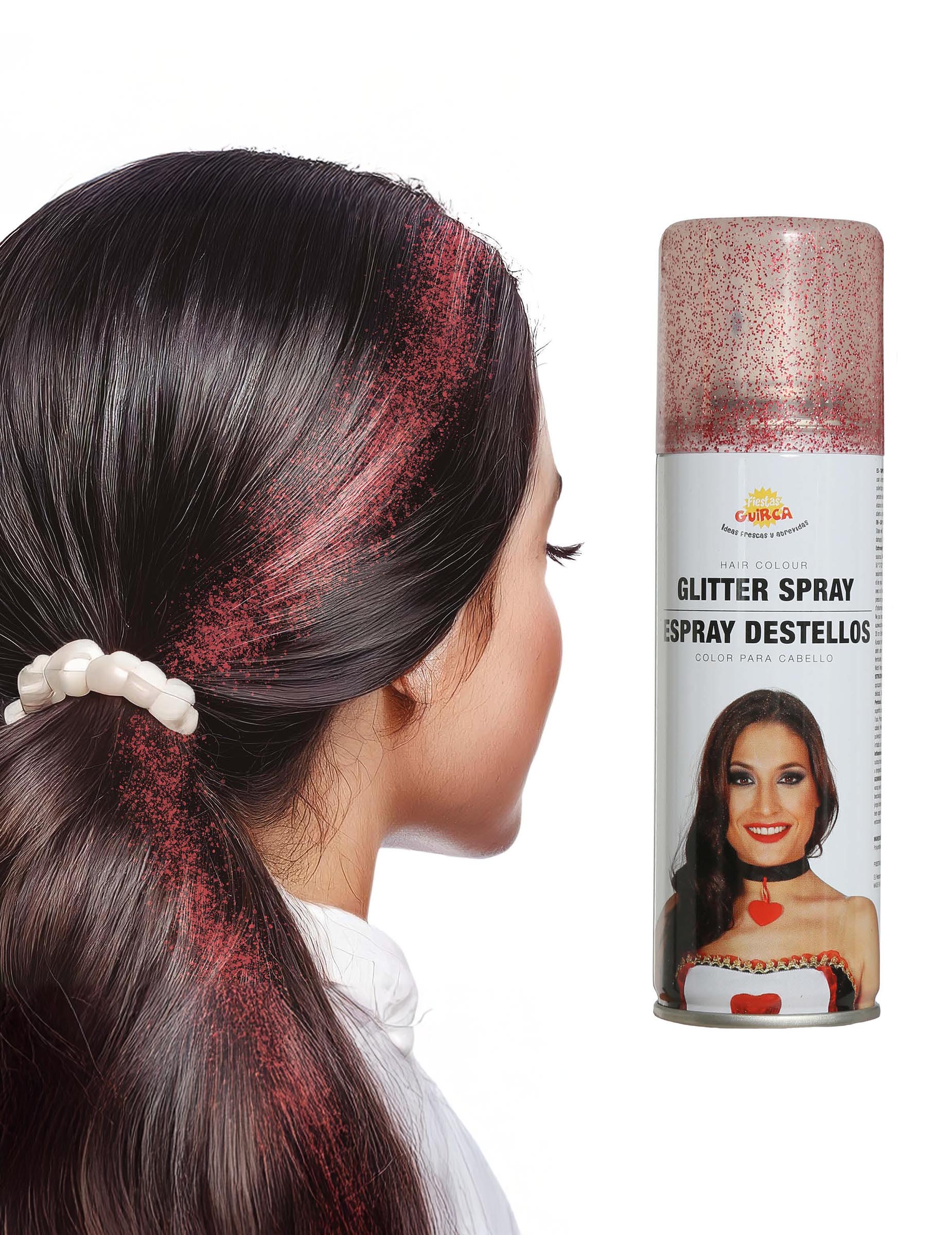 Rendu sur les cheveux et flacon du spray à paillettes pour cheveux rouge scintillant