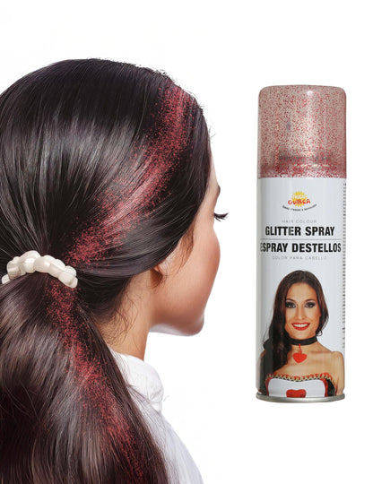 Rendu sur les cheveux et flacon du spray à paillettes pour cheveux rouge scintillant