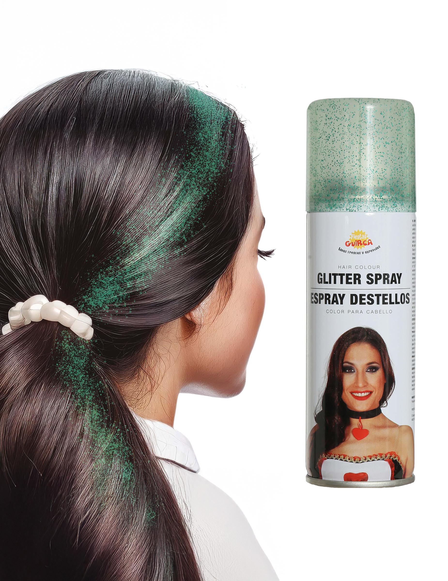 Rendu sur les cheveux et flacon du spray à paillettes pour cheveux vert scintillant