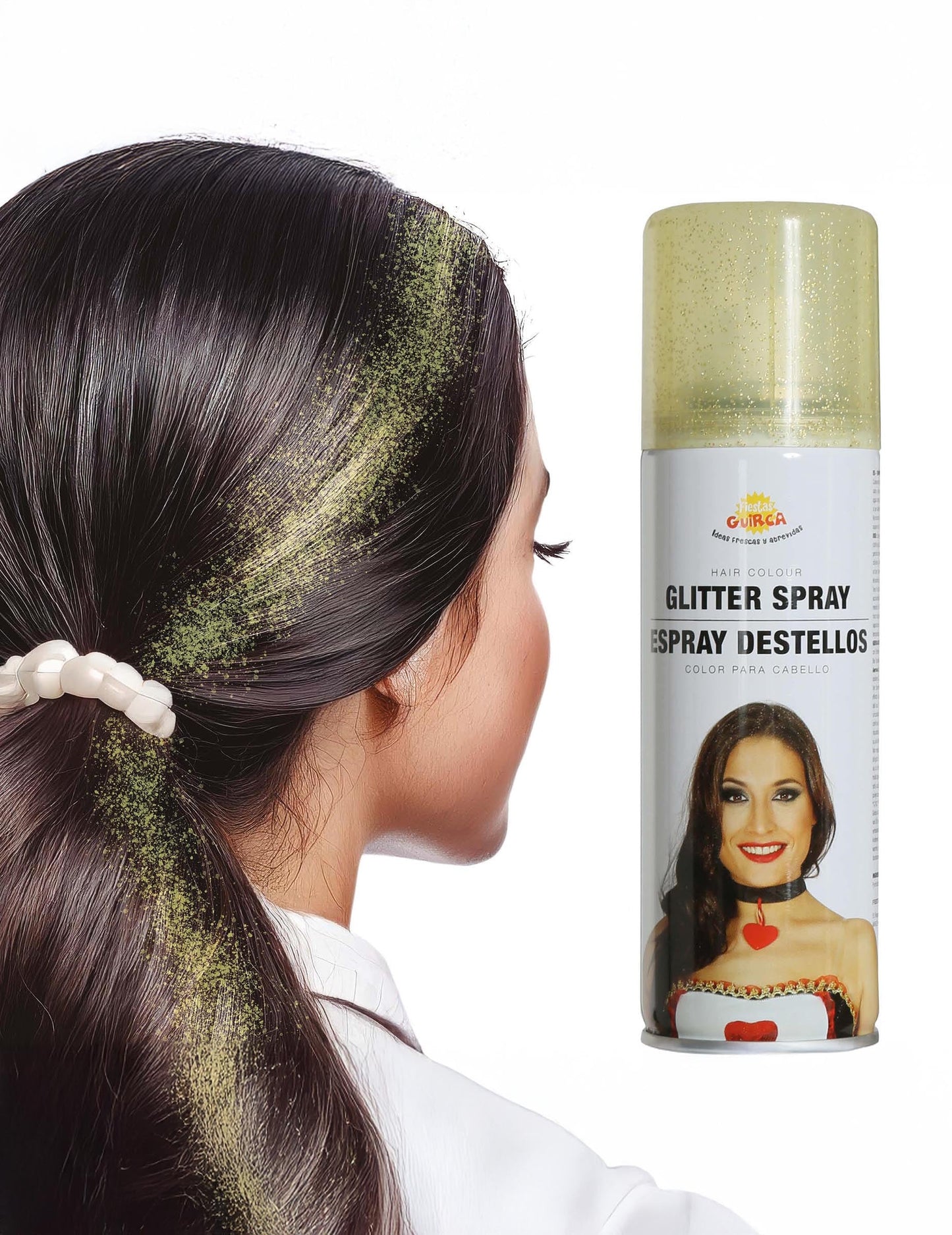 Aperçu du rendu sur la chevelure et flacon du spray à paillettes pour cheveux pour adulte