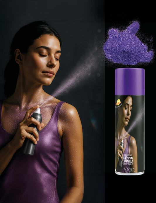 Mise en situation du spray à paillettes pour le corps pour adulte violet