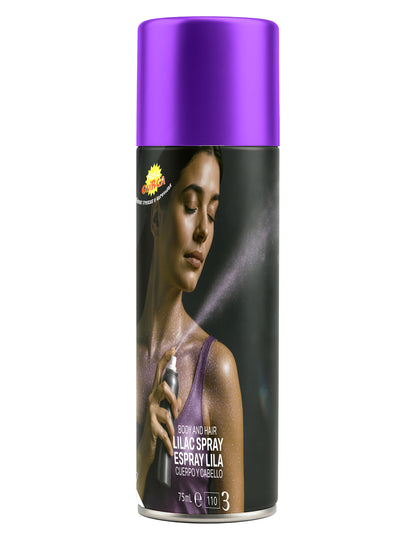 Vue du flacon du spray à paillettes pour le corps pour adulte violet