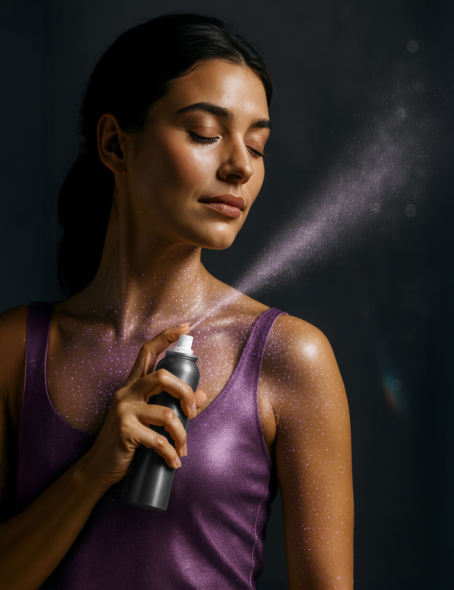 Application sur la peau du spray à paillettes pour le corps pour adulte violet