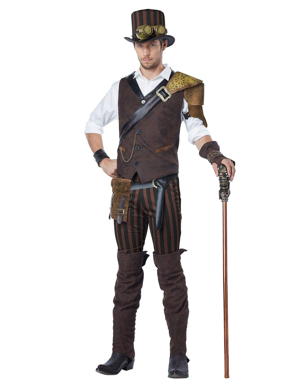 Déguisement aventurier Steampunk pour homme marron avec pantalon à rayures et chapeau