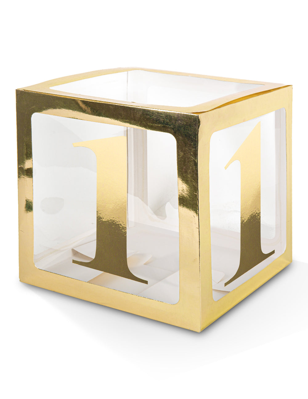 Mise en situation sur une boîte transparente du sticker chiffres doré pour décoration de fête
