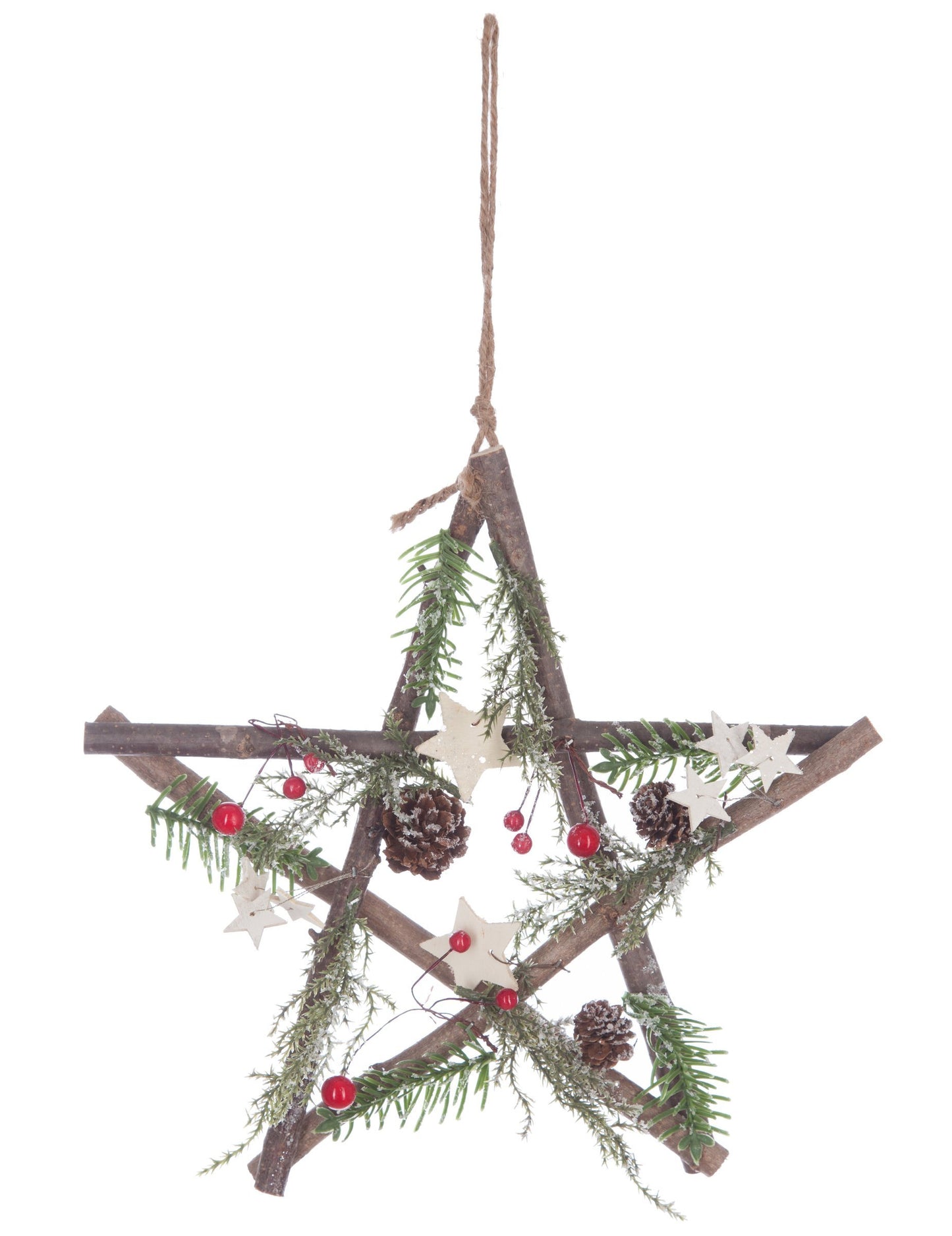 Lesena viseča svetilka v obliki zvezde s storži in jagodami 28 cm Božična dekoracija