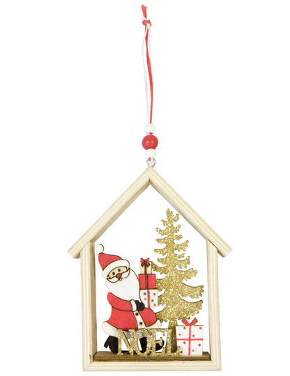 Leseni viseči Božiček v njegovi hišici 13 x 11 x 2 cm za jelko