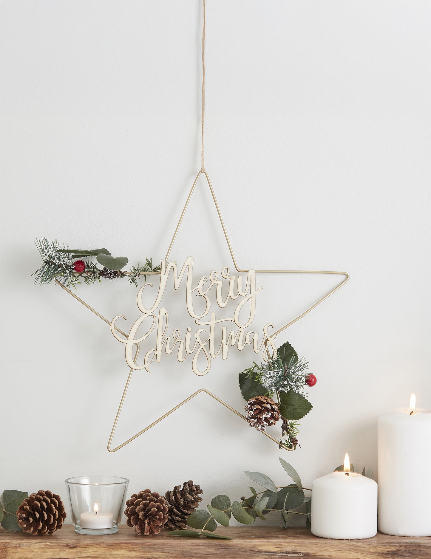 Zlati kovinski viseči okrasek Vesel božič zvezda 32 cm Okrasitev božičnega drevesca