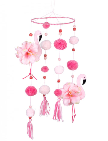 Pink Flamingo suspenzijo z roza pompomi 60 x 16 cm
