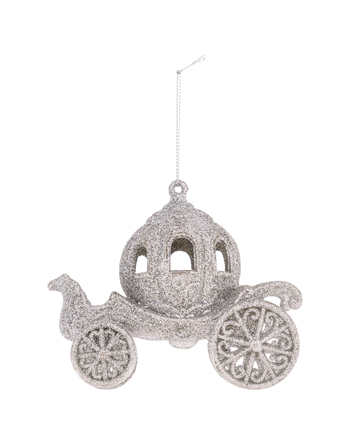 Okrasek za božično drevo v obliki vilinske kočije 11 cm s srebrnimi bleščicami