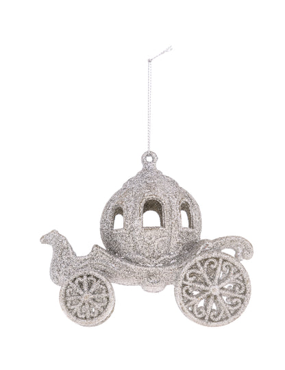 Okrasek za božično drevo v obliki vilinske kočije 11 cm s srebrnimi bleščicami