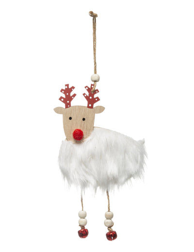 Suspension renne en bois pour décoration avec fourrure blanche et grelots rouges
