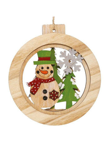 Okrogla lesena viseča dekoracija snežaka 12 cm Okrasitev božičnega drevesca