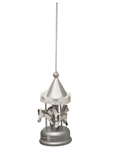 Suspension carrousel pour sapin argenté avec chevaux de bois