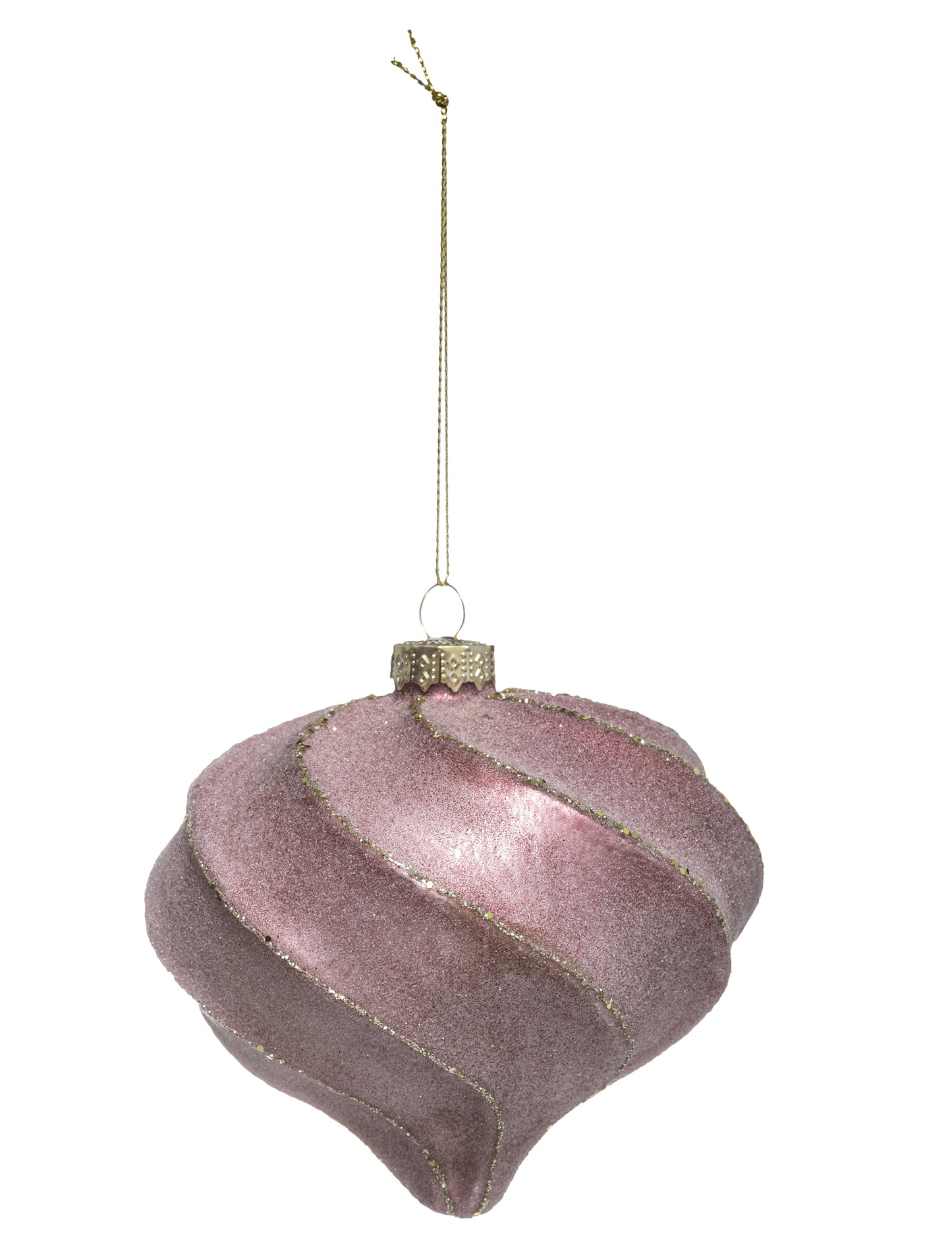 Božična kroglica v obliki solze z rožnato-zlatimi spiralami, 10 cm bleščice