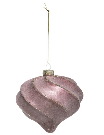 Božična kroglica v obliki solze z rožnato-zlatimi spiralami, 10 cm bleščice