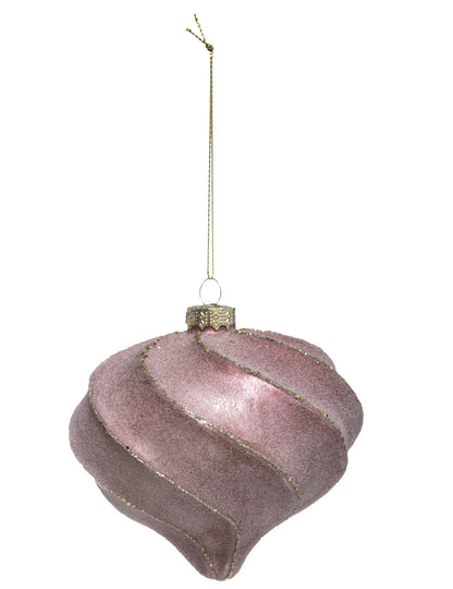 Boule de noël forme goutte et spirales rose et or pailletée