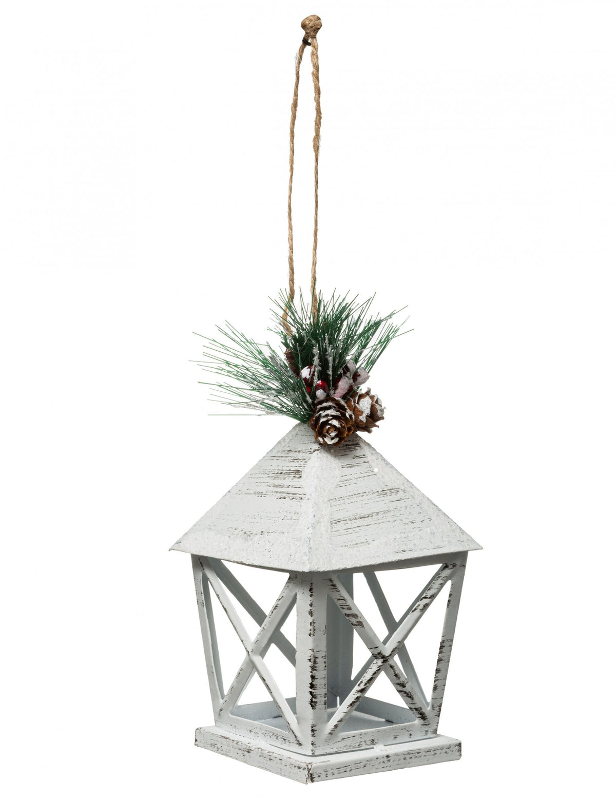 Suspension pour sapin lanterne de Noël blanche en métal avec pommes de pin