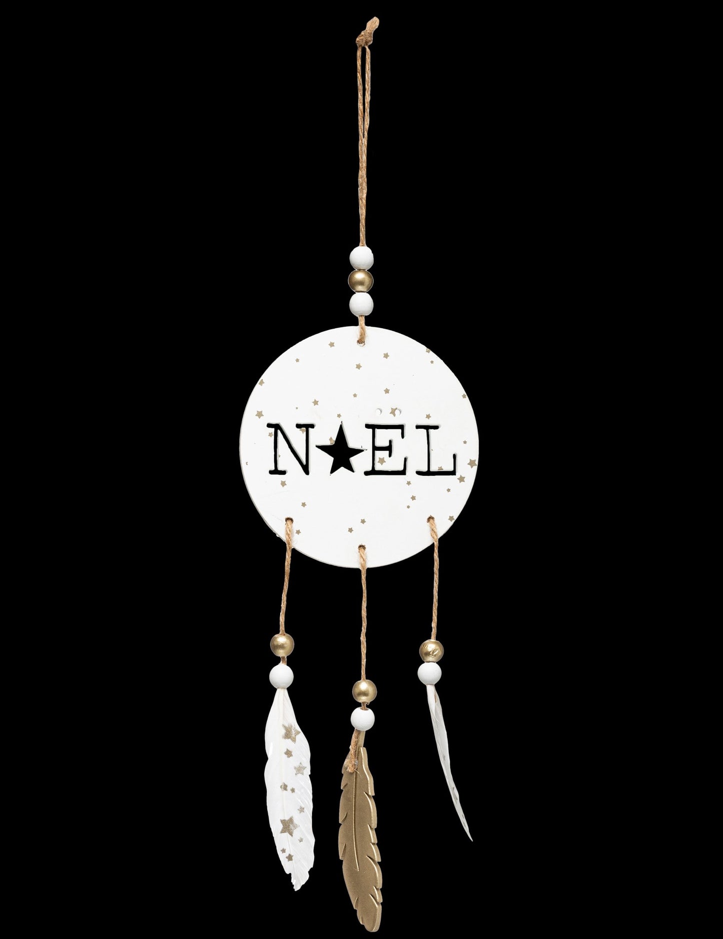 Božični boho leseni viseči okras s peresi 28 cm bel in zlat 