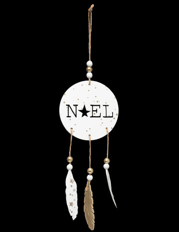 Božični boho leseni viseči okras s peresi 28 cm bel in zlat 