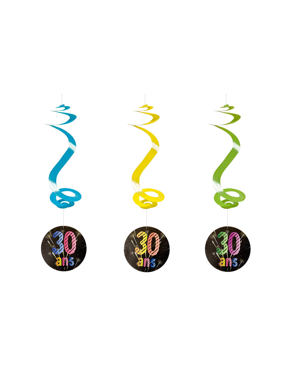 Suspensions spirales 30 ans feux d'artifice pour anniversaire bleu jaune et vert