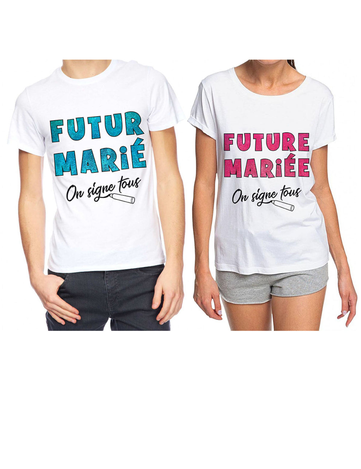Versions Futur Marié et Future Mariée du T-shirt Enterrement de vie de garçon