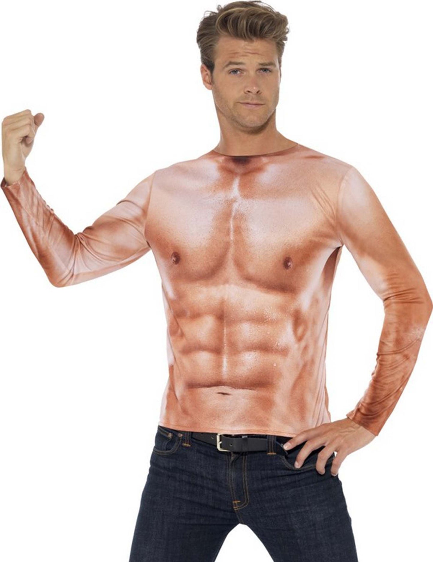 T-shirt z mišicami za odrasle v realistični barvi kože, dolgi rokavi