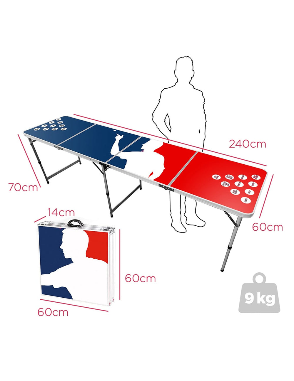 Dimensions et vue pliée de la table à beer pong Major League Beer Pong