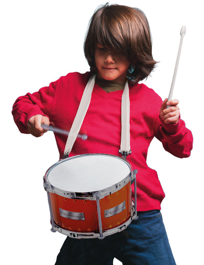 Tambour de marche pour enfant orange avec baguettes et sangle blanche