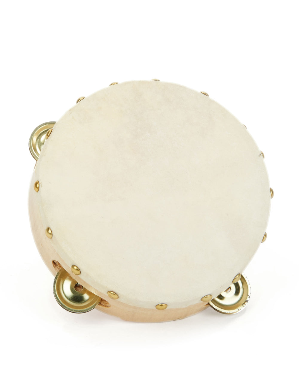 Tambourin pour adulte et enfant beige et bois avec cymbalettes dorées