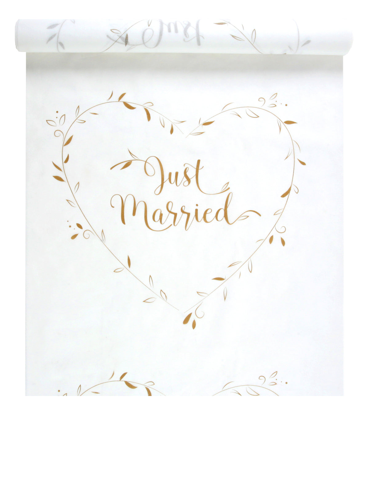 Tapis de cérémonie Just Married pour mariage blanc et or avec motif cœur feuillage