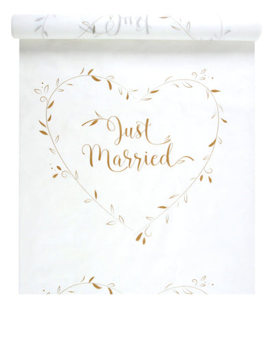 Tapis de cérémonie Just Married pour mariage blanc et or avec motif cœur feuillage