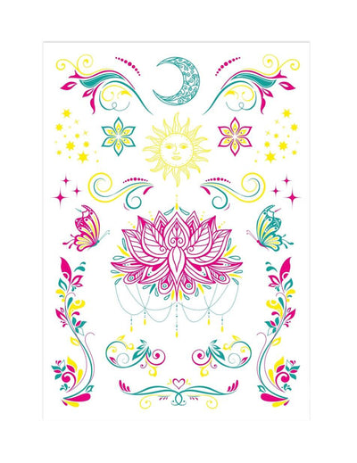 Tatouages ornementaux UV pour adulte multicolores fluo avec motifs soleil et lotus