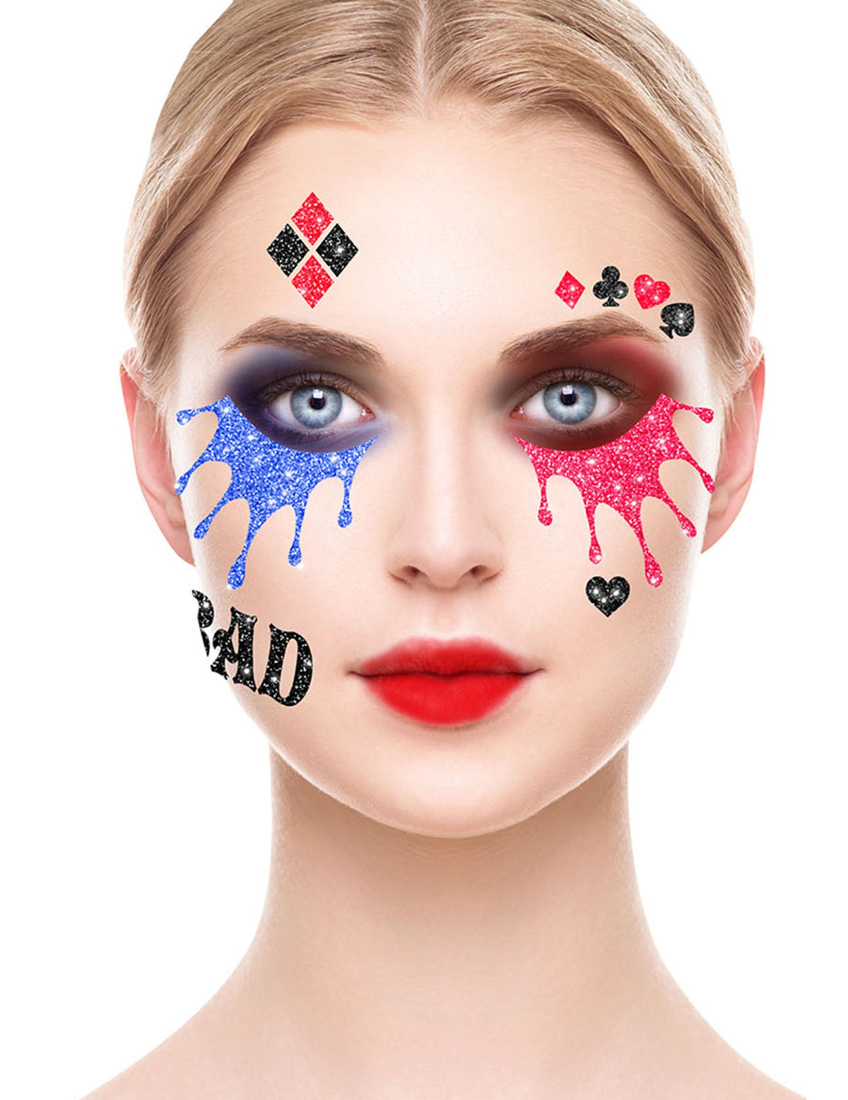 Tatouages pailletés arlequin maléfique pour femme rouges et bleus à paillettes
