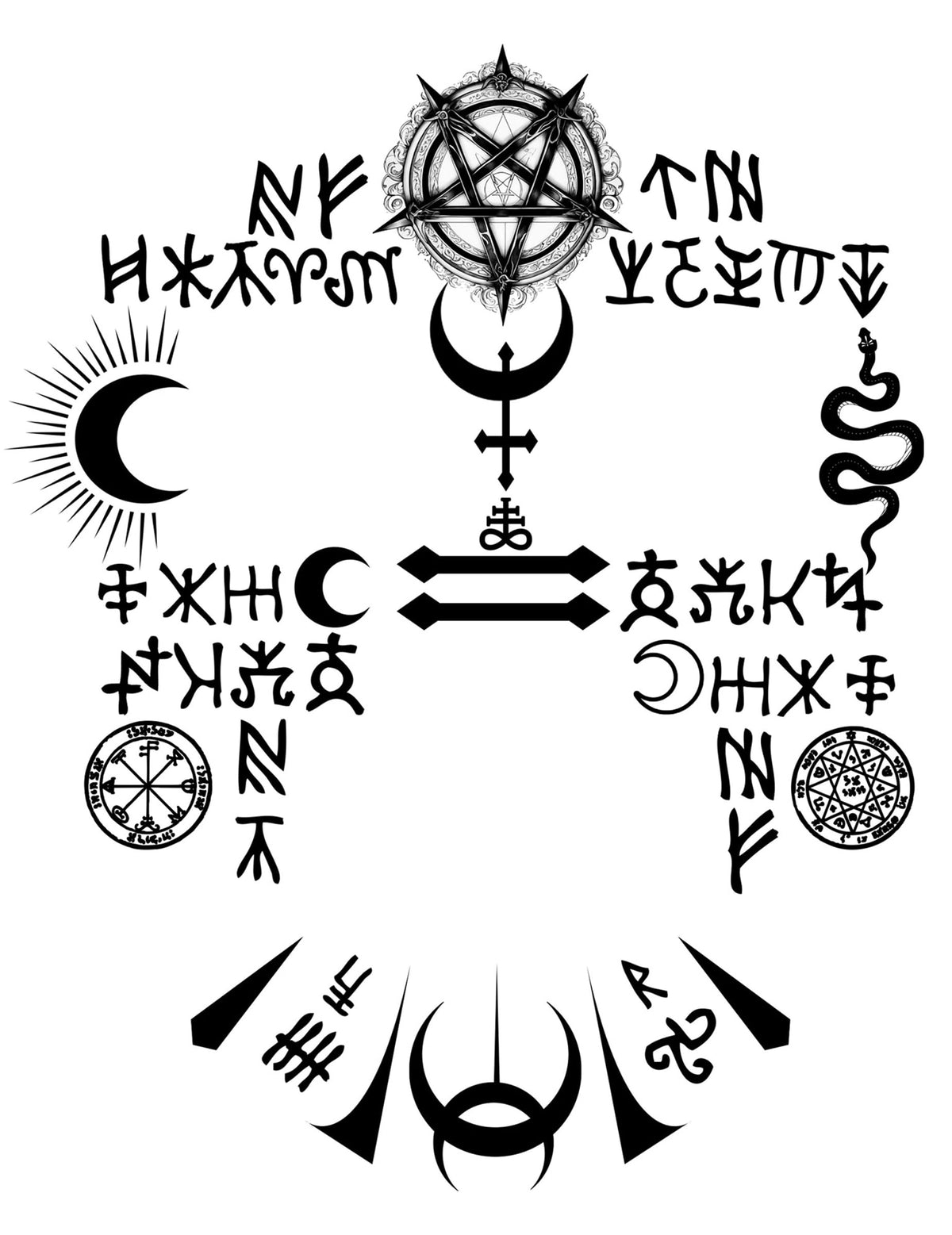 Détail des motifs et symboles occultes des tatouages visage satanique