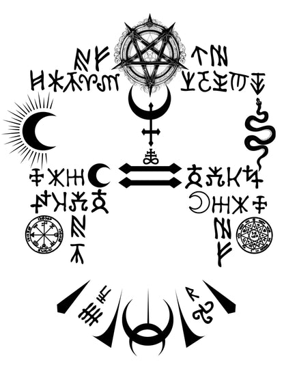 Détail des motifs et symboles occultes des tatouages visage satanique