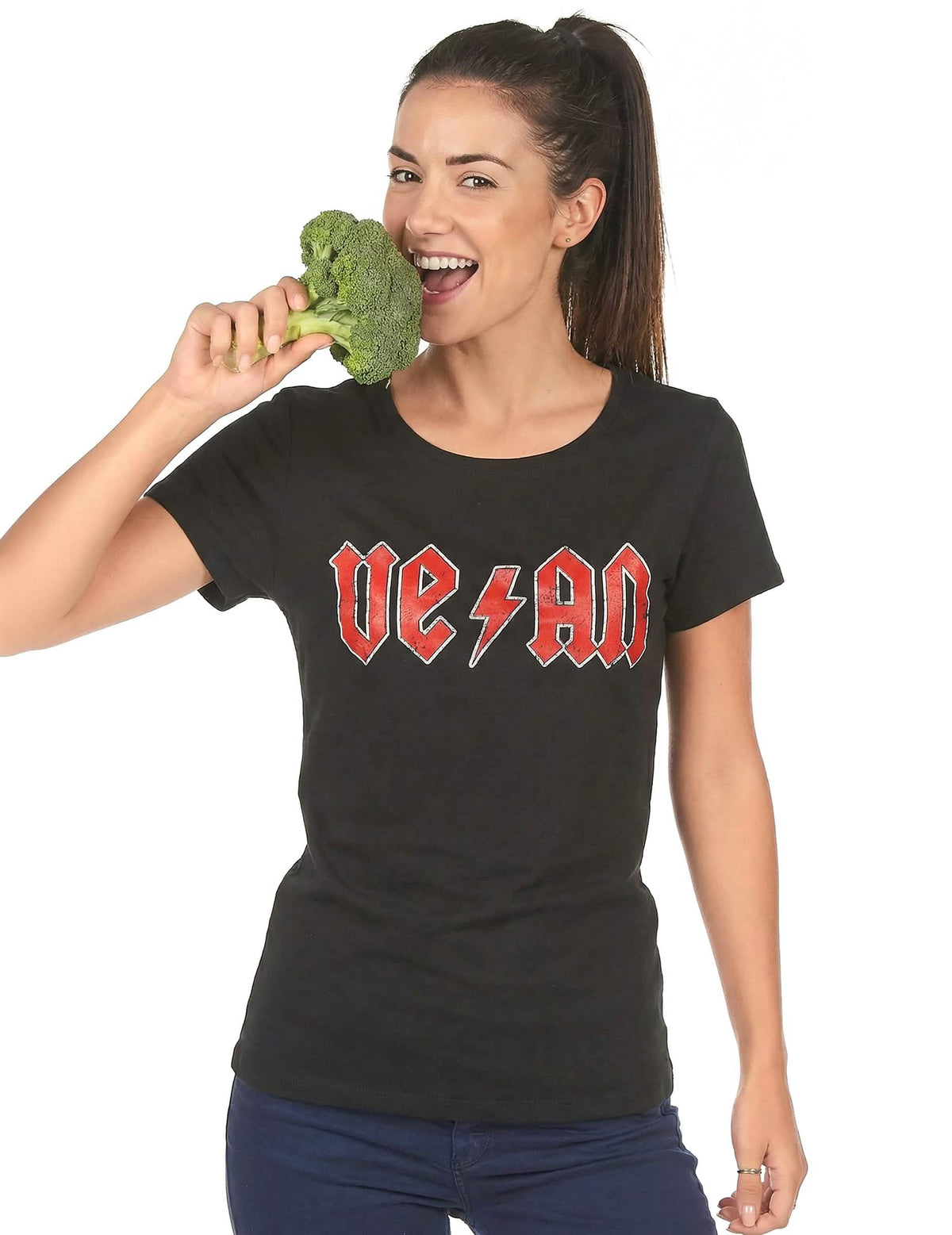 Majica Vegan za žensko črna z rdečim logotipom v slogu rock