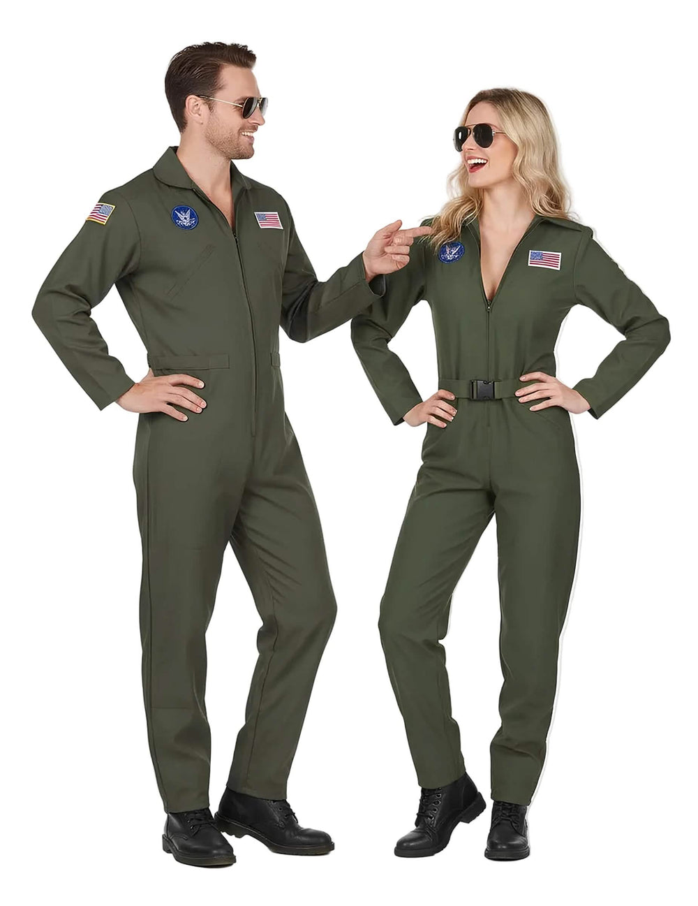 Déguisement de pilote avion pour couple adulte vert kaki avec écussons